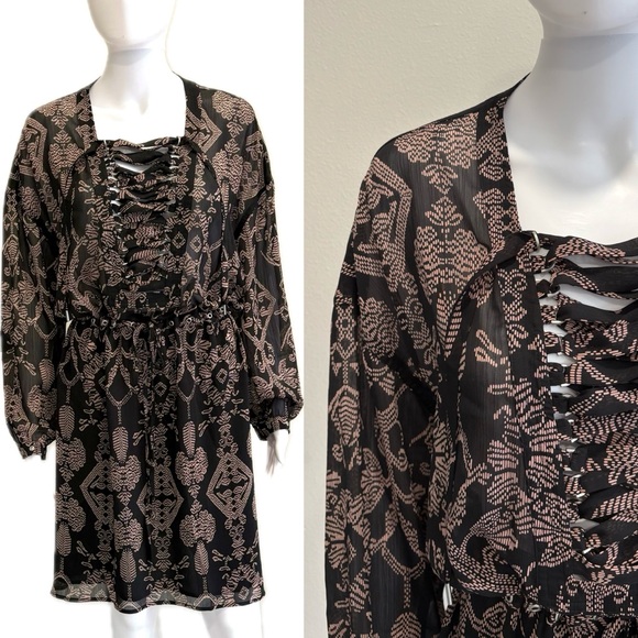 Scotch & Soda Oversized Dress Size M Black Sheer Batik Aztec Lace Up Whimsigoth - Picture 1 of 16